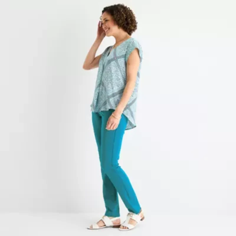 Liz Claiborne Womens V Neck Short Sleeve Satin Blouse