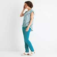 Liz Claiborne Womens V Neck Short Sleeve Satin Blouse