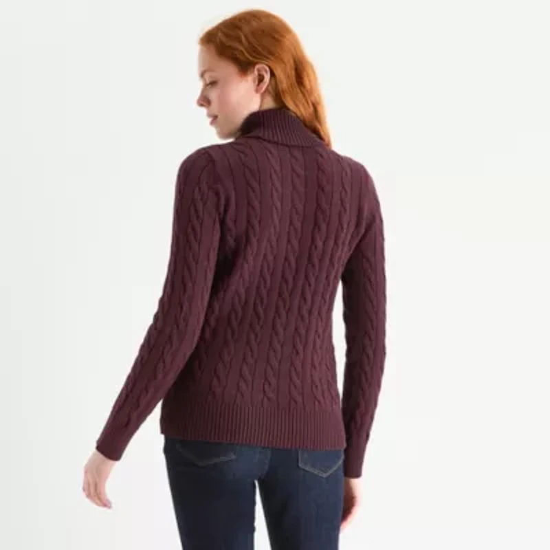 St. John's Bay Womens Turtleneck Long Sleeve Cable Knit Pullover Sweater