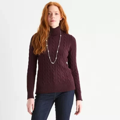 St. John's Bay Womens Turtleneck Long Sleeve Cable Knit Pullover Sweater