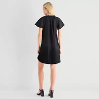 Robbie Bee Womens Petite V Neck Short Sleeve Shift Dress
