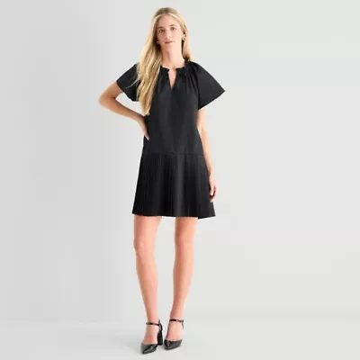 Robbie Bee Womens Petite V Neck Short Sleeve Shift Dress