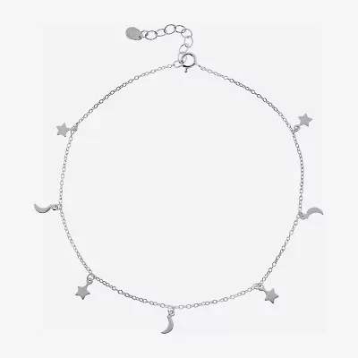 Silver Treasures Womens Sterling Silver Semisolid Cable Moon Star Ankle Bracelet