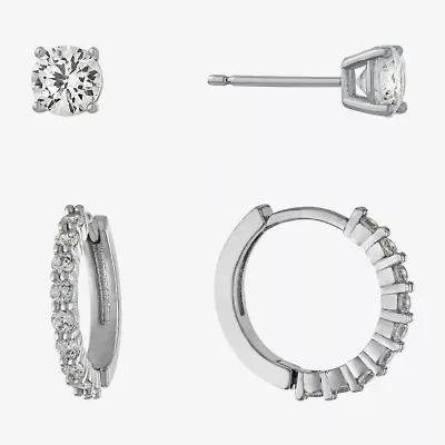 Sparkle Allure Stud & Huggie Hoop Womens Crystal 2 Pair Earring Set