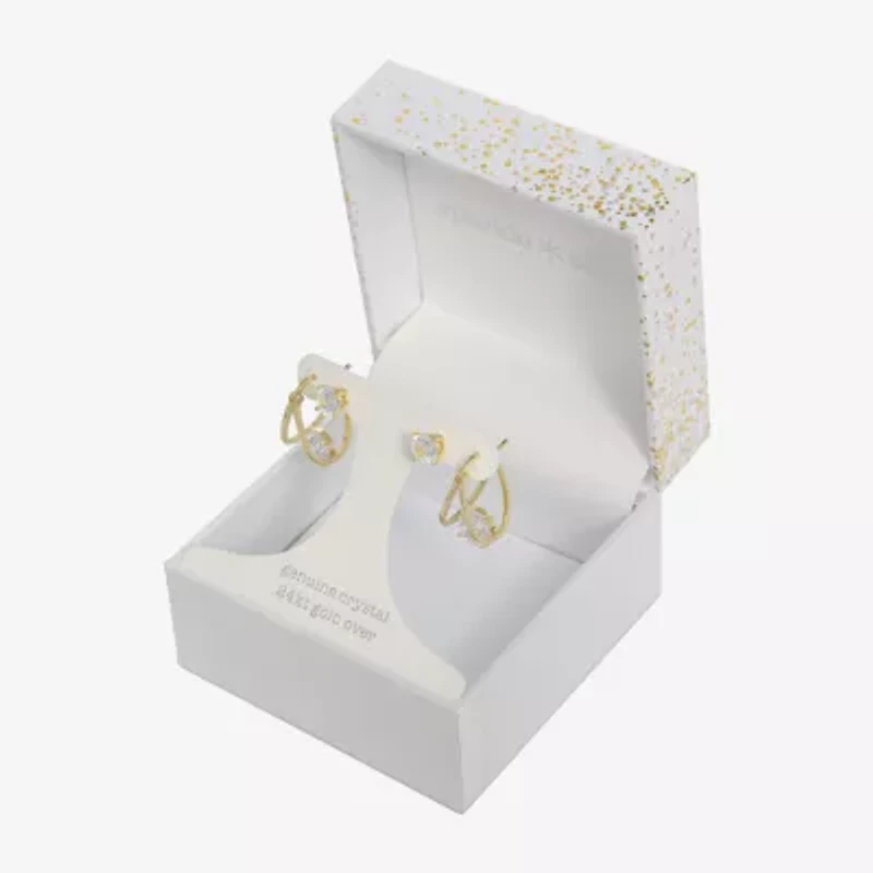Sparkle Allure Stud & Hoop Womens Crystal 24K Gold Over Brass 2 Pair Earring Set