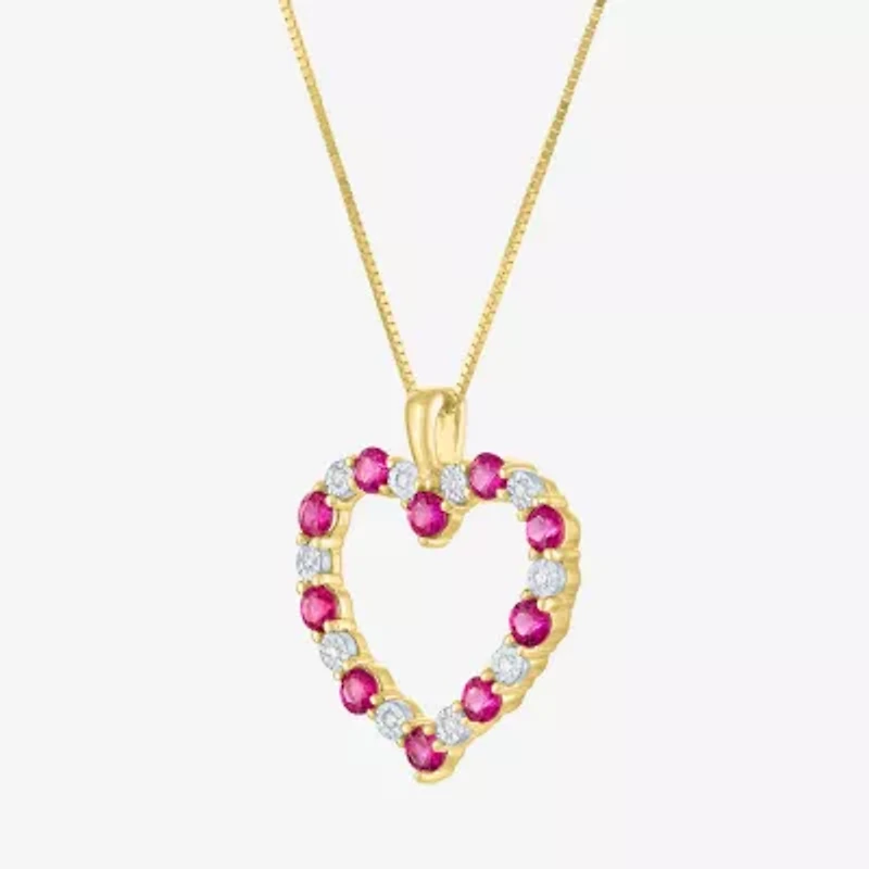 Womens Diamond Accent Lab Created Red Ruby 10K Gold Heart 18 Inch Pendant Necklace