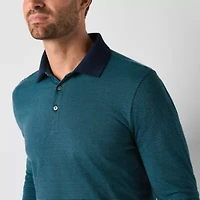 St. John's Bay Mini Striped Super Soft Jersey Mens Classic Fit Long Sleeve Polo Shirt
