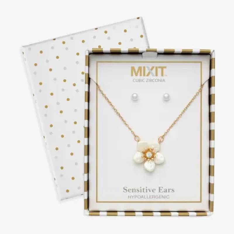 Mixit Womens Cubic Zirconia Simulated Pearl Flower Hypoallergenic 2-pc. Jewelry Set