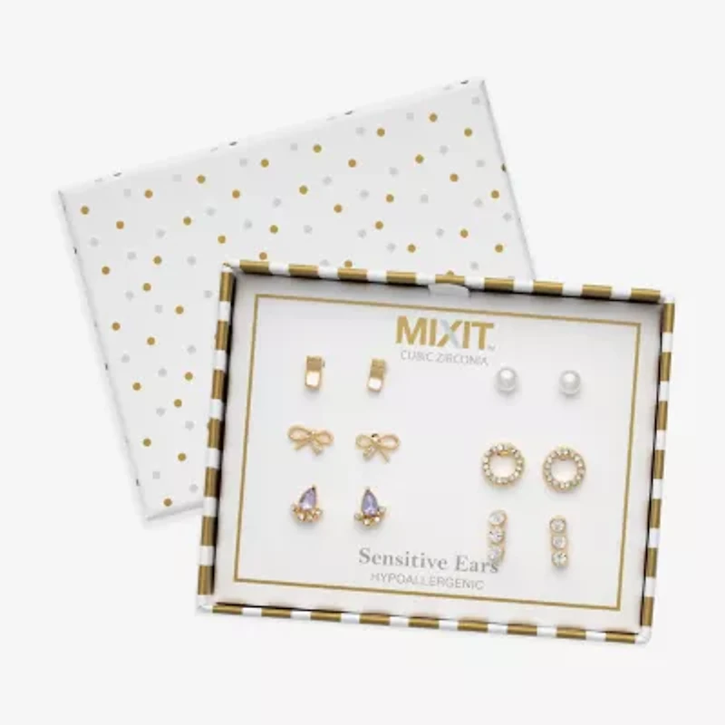 Mixit Womens Cubic Zirconia Simulated Pearl Bow Hypoallergenic 6 Pair Earring Set
