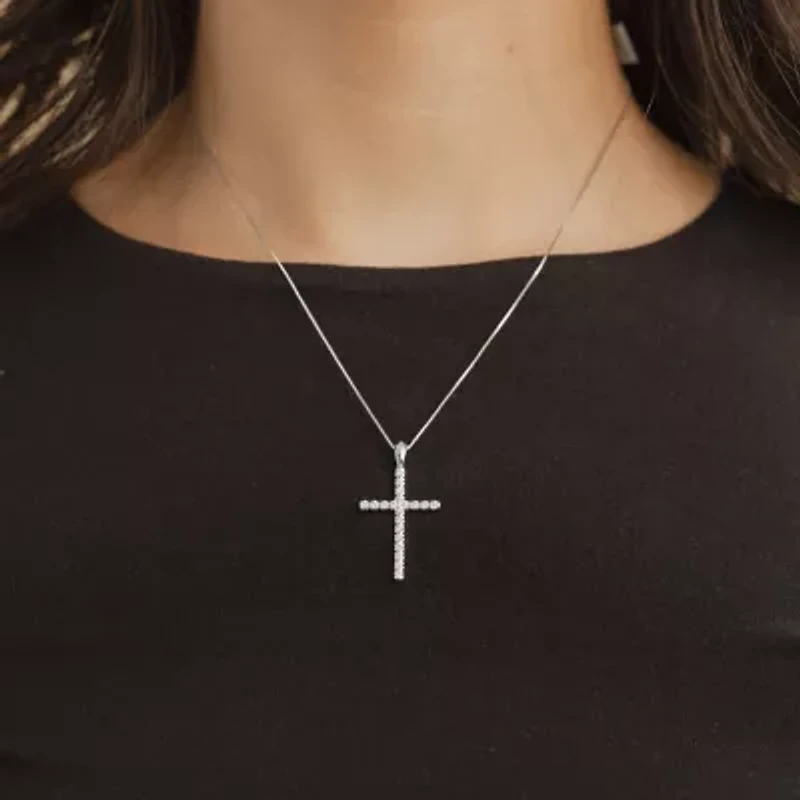G / Si2) Womens 1/2 CT. T.W. Lab Grown White Diamond 10K Gold Cross 18 Inch Pendant Necklace