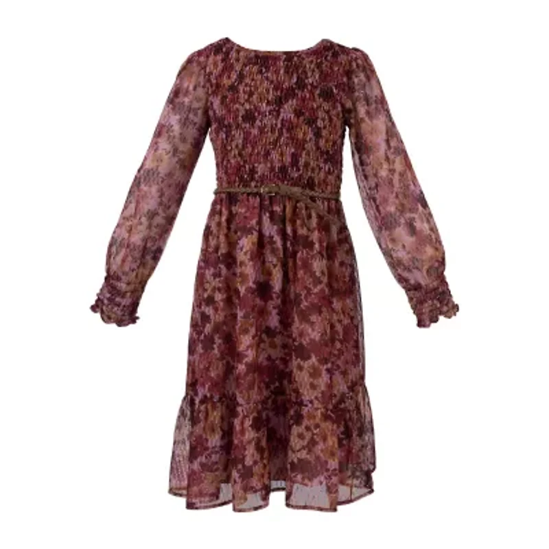 Speechless Big Kid Girls Belted Long Sleeve A-Line Dress
