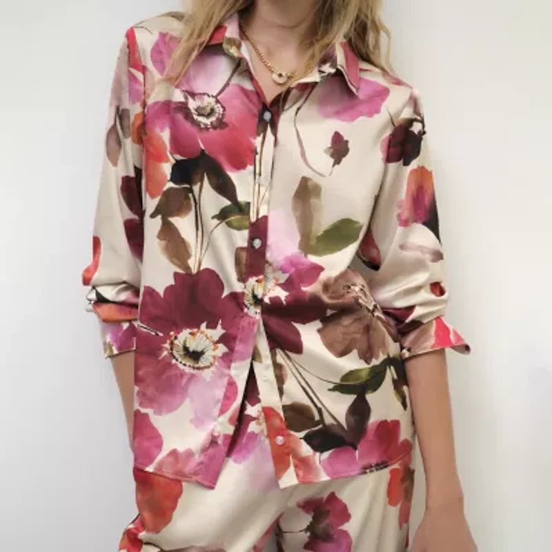 Premier Amour Floral Womens Long Sleeve Satin Blouse