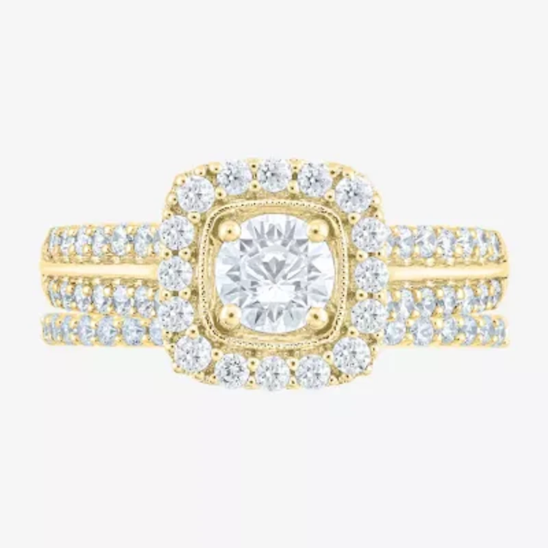 (F /Vs2) Unisex Adult 1 1/2 CT. T.W. Lab Grown White Diamond 10K Gold Side Stone Wedding Bridal Set