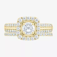 (F /Vs2) Unisex Adult 1 1/2 CT. T.W. Lab Grown White Diamond 10K Gold Side Stone Wedding Bridal Set