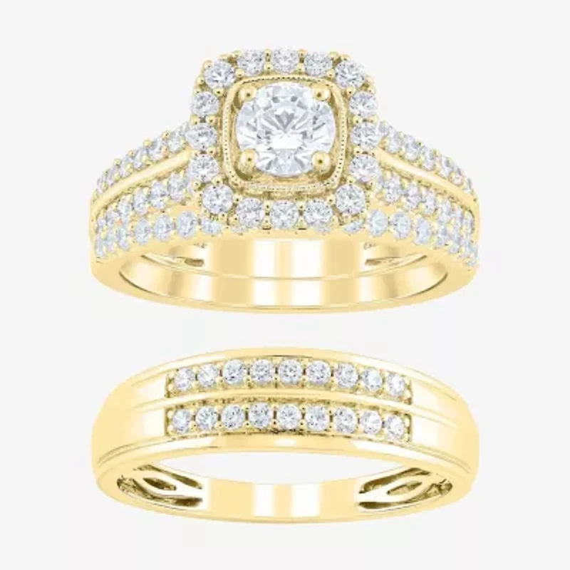 (F /Vs2) Unisex Adult 1 1/2 CT. T.W. Lab Grown White Diamond 10K Gold Side Stone Wedding Bridal Set