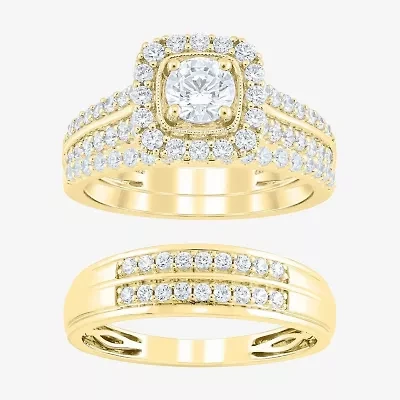 (F /Vs2) Unisex Adult 1 1/2 CT. T.W. Lab Grown White Diamond 10K Gold Side Stone Wedding Bridal Set