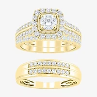 (F /Vs2) Unisex Adult 1 1/2 CT. T.W. Lab Grown White Diamond 10K Gold Side Stone Wedding Bridal Set