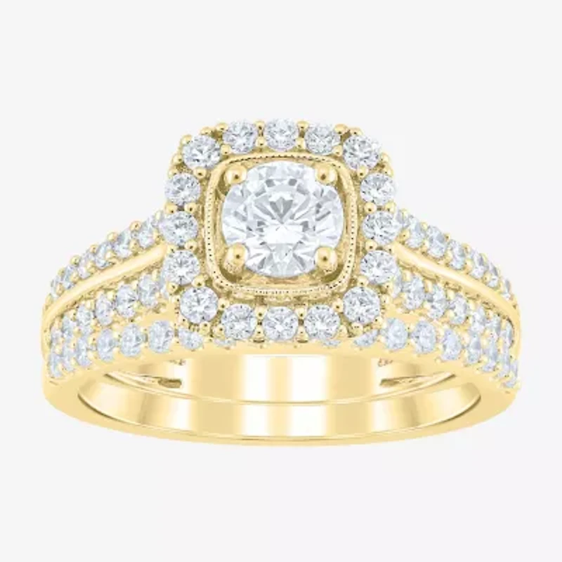 (F /Vs2) Unisex Adult 1 1/2 CT. T.W. Lab Grown White Diamond 10K Gold Side Stone Wedding Bridal Set