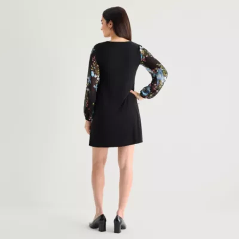MSK Womens Round Neck Long Sleeve Floral Shift Dress