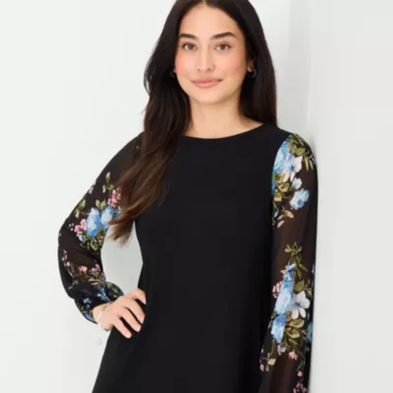 MSK Womens Round Neck Long Sleeve Floral Shift Dress