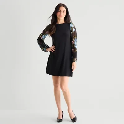 MSK Womens Round Neck Long Sleeve Floral Shift Dress