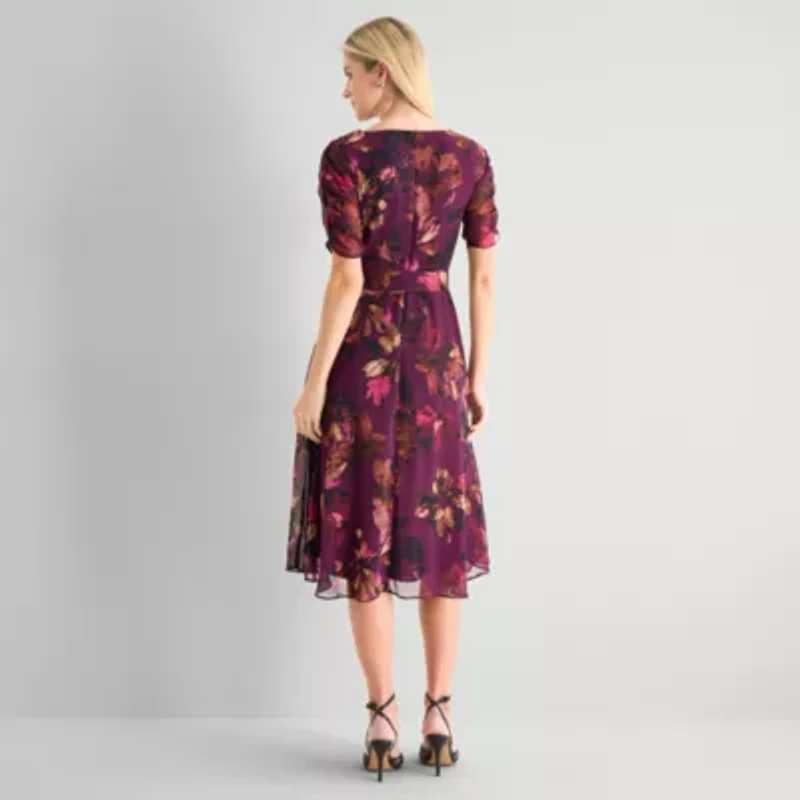 Marc New York Womens Midi V Neck 3/4 Sleeve Ruched Floral Fit + Flare Dress