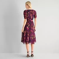 Marc New York Womens Midi V Neck 3/4 Sleeve Ruched Floral Fit + Flare Dress