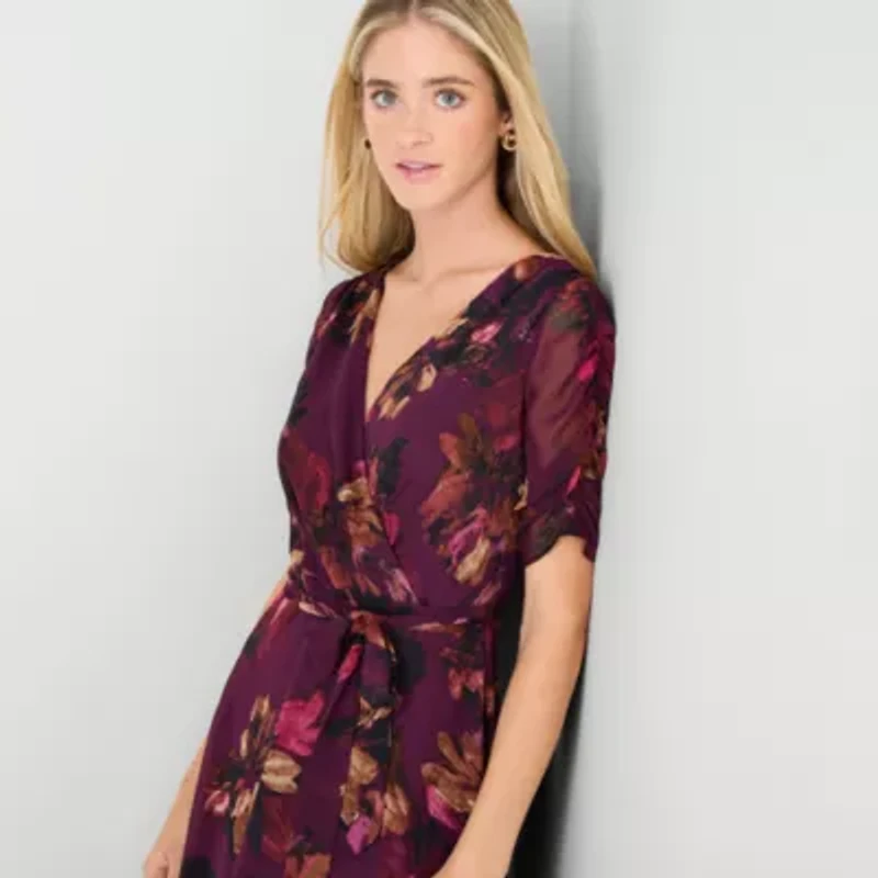Marc New York Womens Midi V Neck 3/4 Sleeve Ruched Floral Fit + Flare Dress