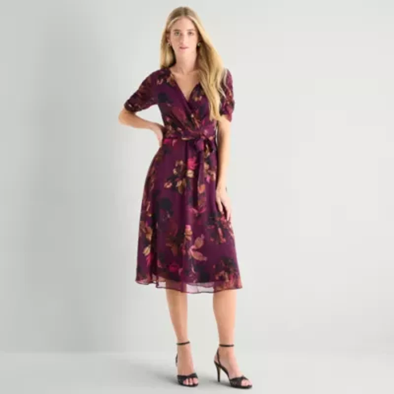 Marc New York Womens Midi V Neck 3/4 Sleeve Ruched Floral Fit + Flare Dress