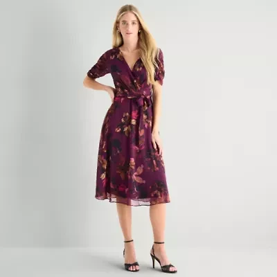 Marc New York Womens Midi V Neck 3/4 Sleeve Ruched Floral Fit + Flare Dress