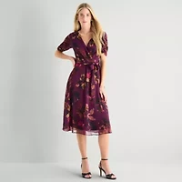Marc New York Womens Midi V Neck 3/4 Sleeve Ruched Floral Fit + Flare Dress
