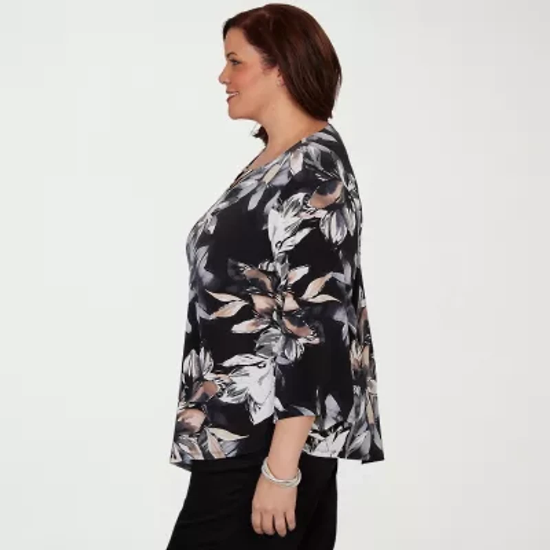 Alfred Dunner Classics Womens Plus Split Crew Neck 3/4 Sleeve T-Shirt