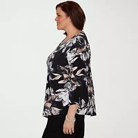 Alfred Dunner Classics Womens Plus Split Crew Neck 3/4 Sleeve T-Shirt