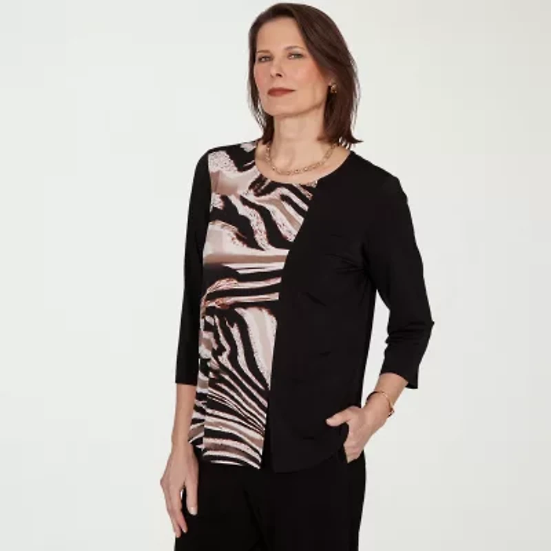 Alfred Dunner Classics Womens Split Crew Neck 3/4 Sleeve T-Shirt