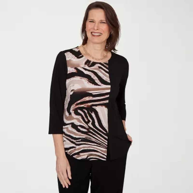 Alfred Dunner Classics Womens Split Crew Neck 3/4 Sleeve T-Shirt
