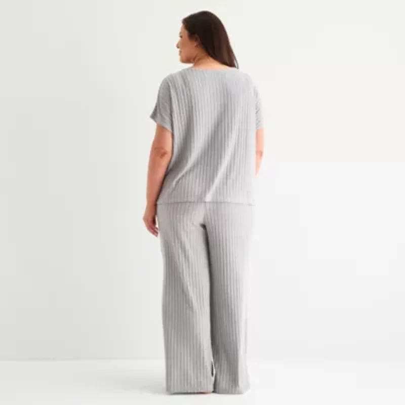 Liz Claiborne Womens Rib Round Neck Short Sleeve 2-pc. Plus Pajama Sets