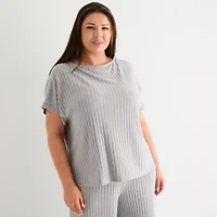 Liz Claiborne Womens Rib Round Neck Short Sleeve 2-pc. Plus Pajama Sets