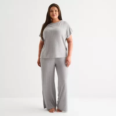 Liz Claiborne Womens Rib Round Neck Short Sleeve 2-pc. Plus Pajama Sets