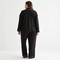 Ambrielle Womens V-Neck Long Sleeve 2-pc. Plus Pajama Sets