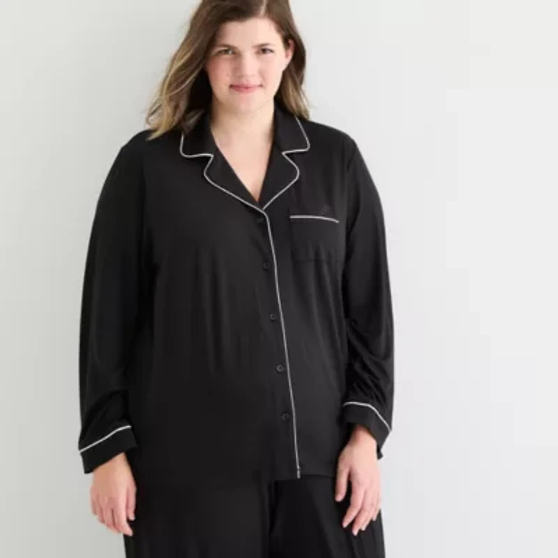 Ambrielle Womens V-Neck Long Sleeve 2-pc. Plus Pajama Sets