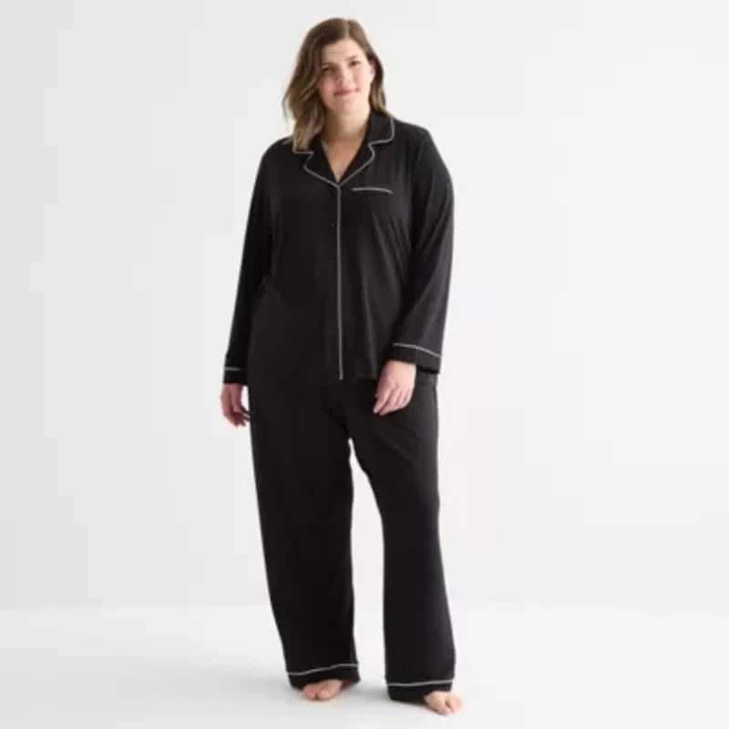 Ambrielle Womens V-Neck Long Sleeve 2-pc. Plus Pajama Sets