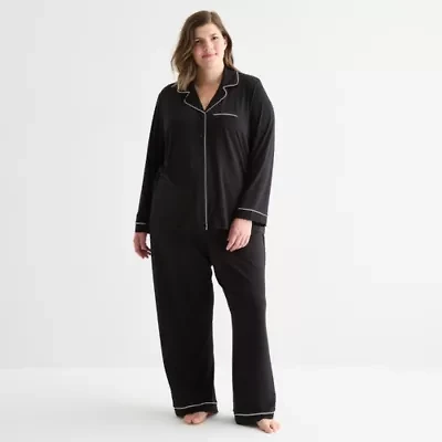 Ambrielle Womens V-Neck Long Sleeve 2-pc. Plus Pajama Sets