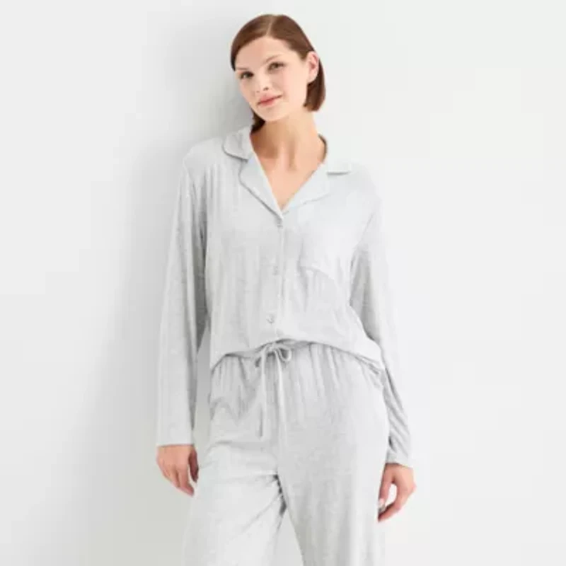 Ambrielle Womens Rib V-Neck Long Sleeve 2-pc. Pajama Sets