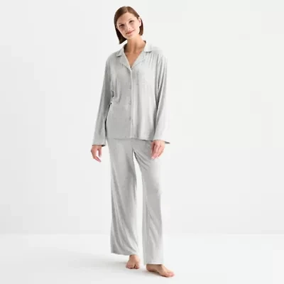 Ambrielle Womens Rib V-Neck Long Sleeve 2-pc. Pajama Sets