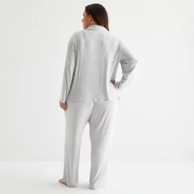 Ambrielle Womens Rib V-Neck Long Sleeve 2-pc. Plus Pajama Sets