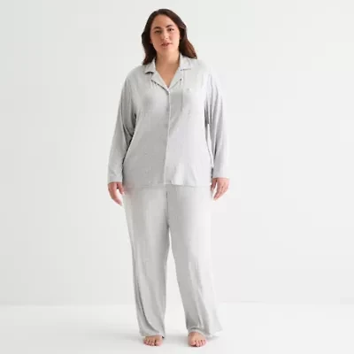 Ambrielle Womens Rib V-Neck Long Sleeve 2-pc. Plus Pajama Sets