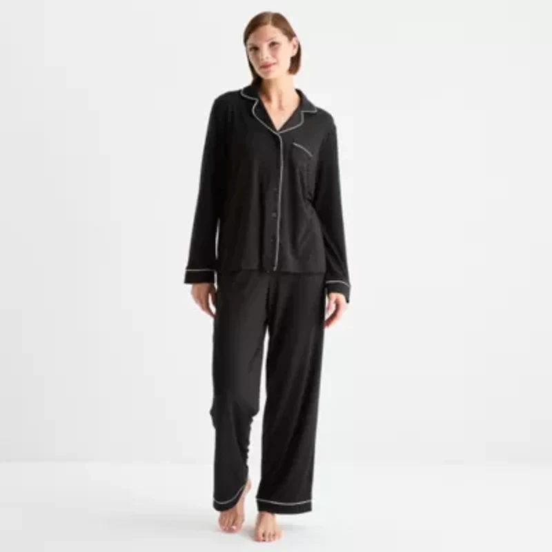 Ambrielle Womens V-Neck Long Sleeve 2-pc. Pajama Sets