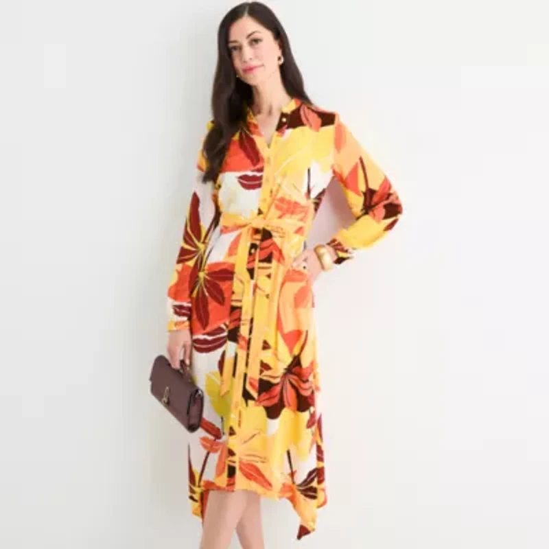 Worthington Womens Long Sleeve Floral Shirt Dress