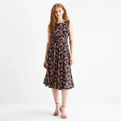 Perceptions Womens Sleeveless Floral Midi Fit + Flare Dress