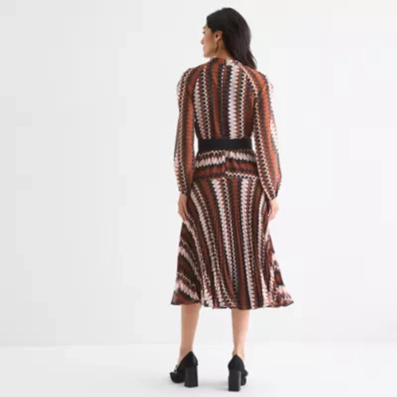 Melonie T Womens Long Sleeve Geometric Midi Fit + Flare Dress